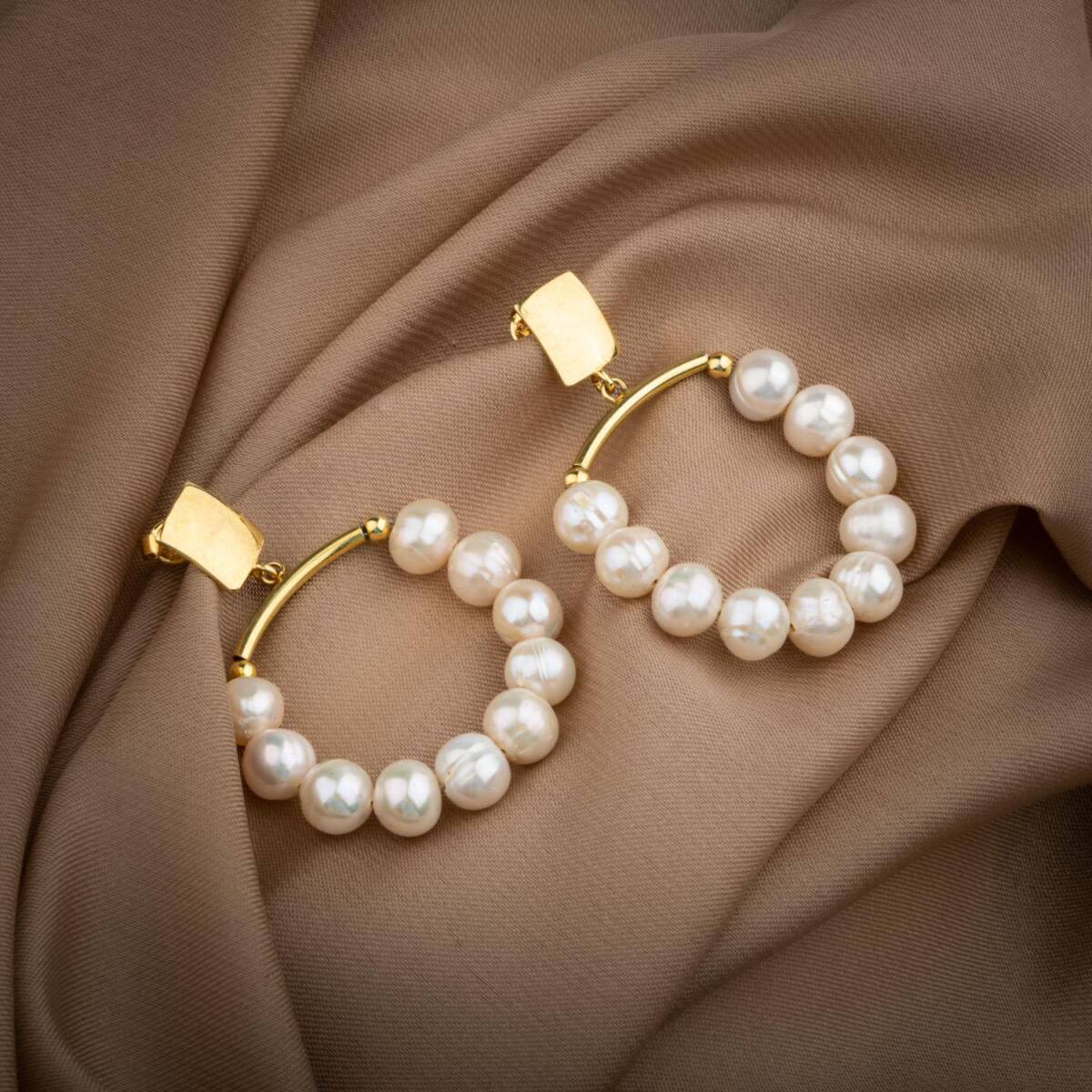 İnci Doğal Taş Gümüş Halka Küpe - 4