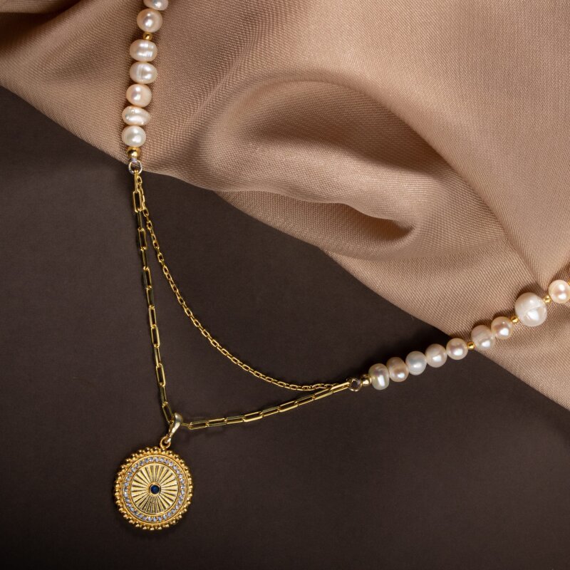 İnci Doğal Taş Gümüş Kolye - Doğal Taş