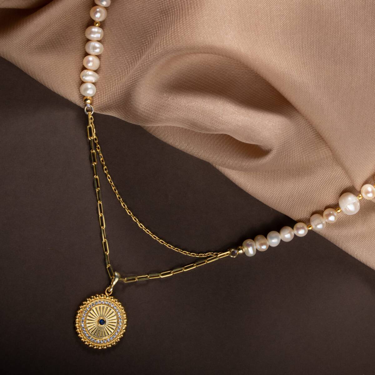 İnci Doğal Taş Gümüş Kolye - 1