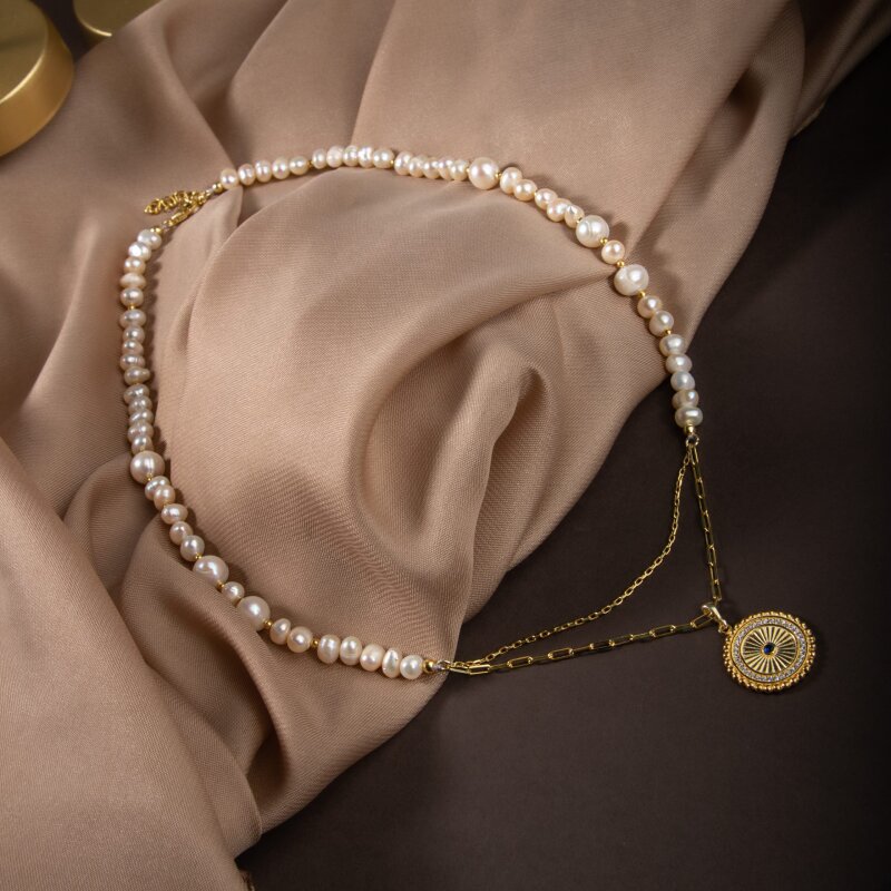 İnci Doğal Taş Gümüş Kolye - 4