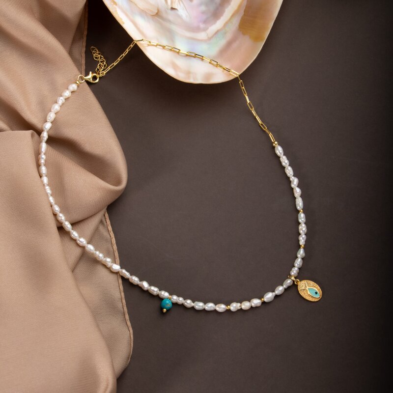 İnci Doğal Taş Gümüş Kolye - Doğal Taş