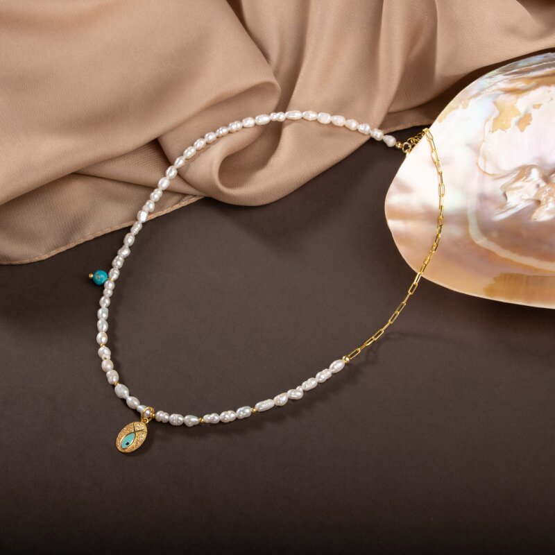 İnci Doğal Taş Gümüş Kolye - 3