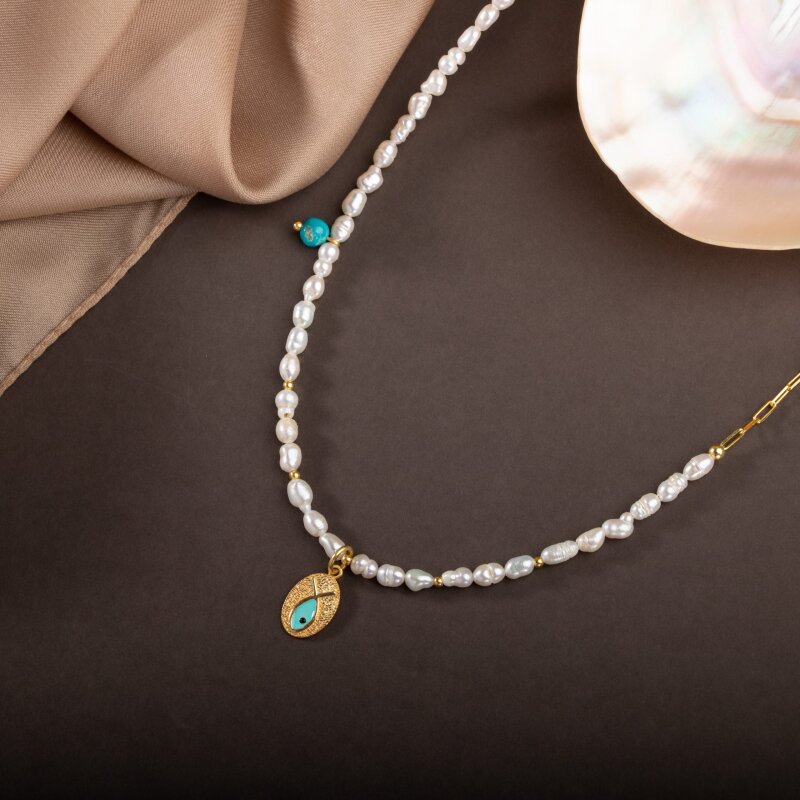 İnci Doğal Taş Gümüş Kolye - 4