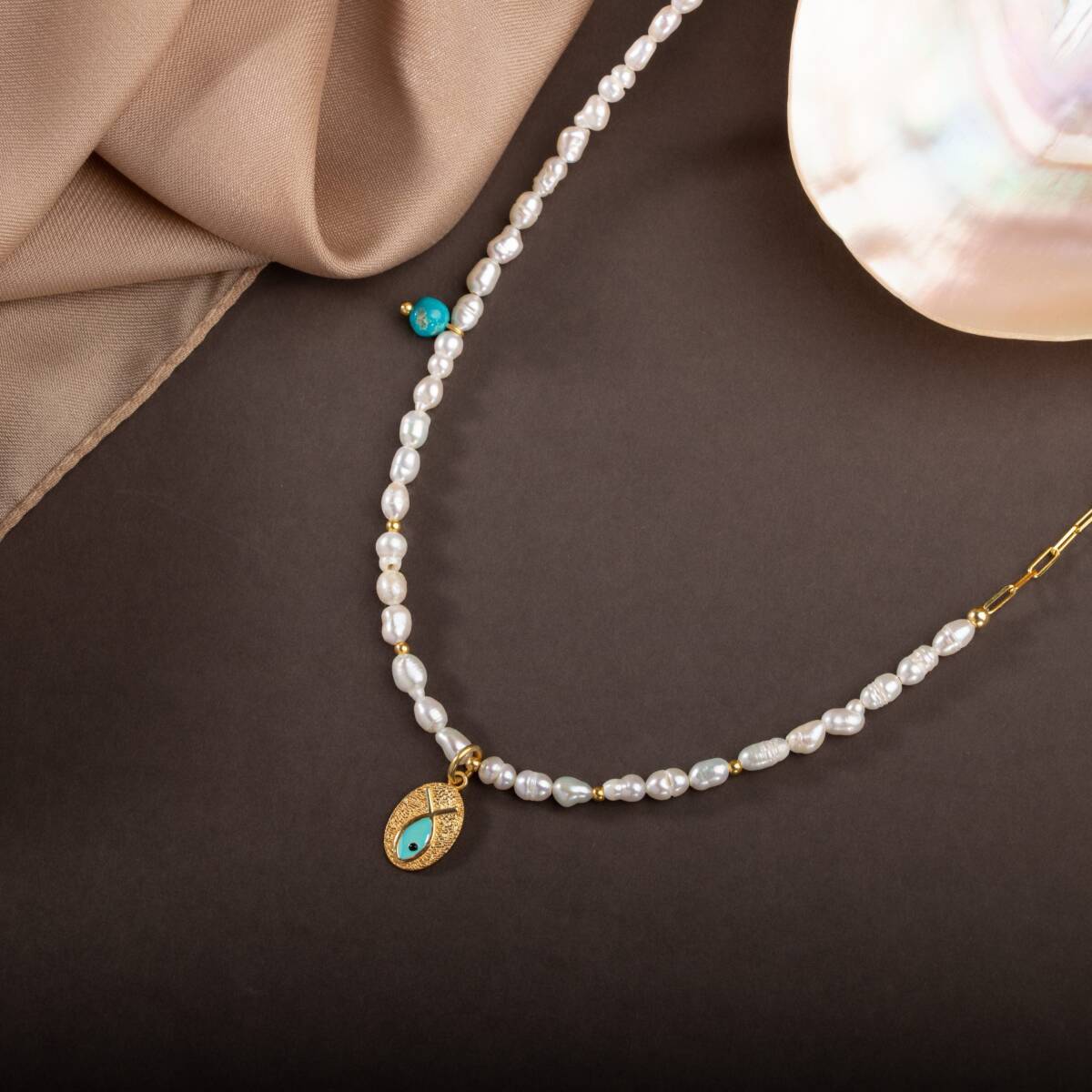 İnci Doğal Taş Gümüş Kolye - 4