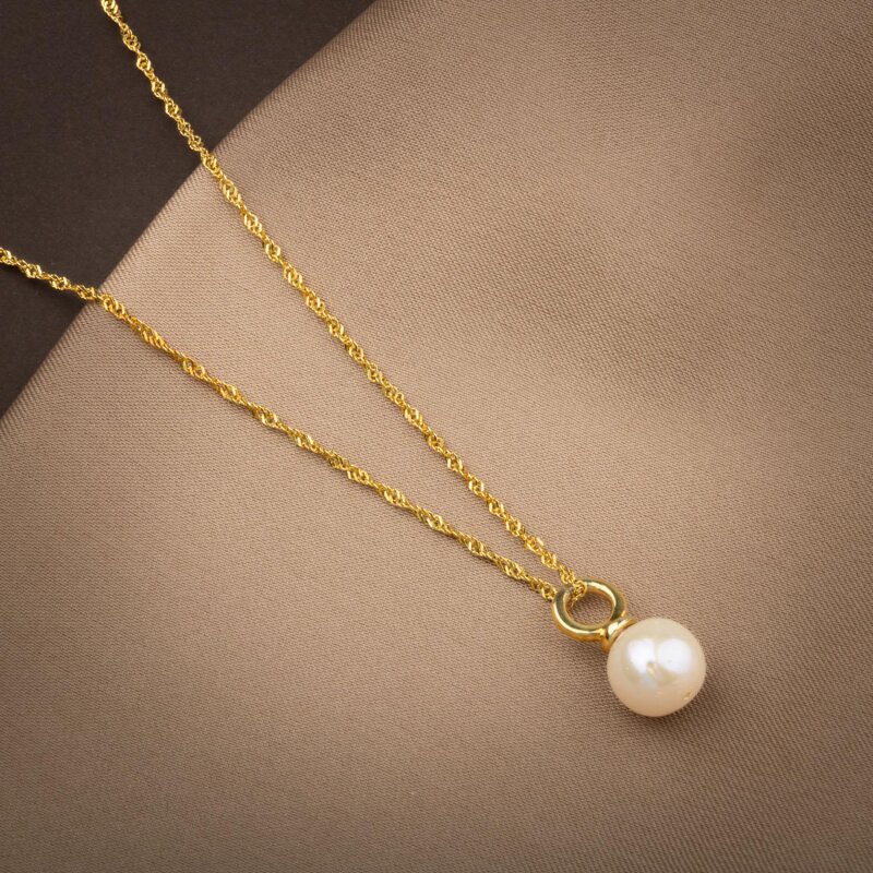 İnci Doğal Taş Gümüş Tasarım Zincir Kolye - 50cm - Doğal Taş