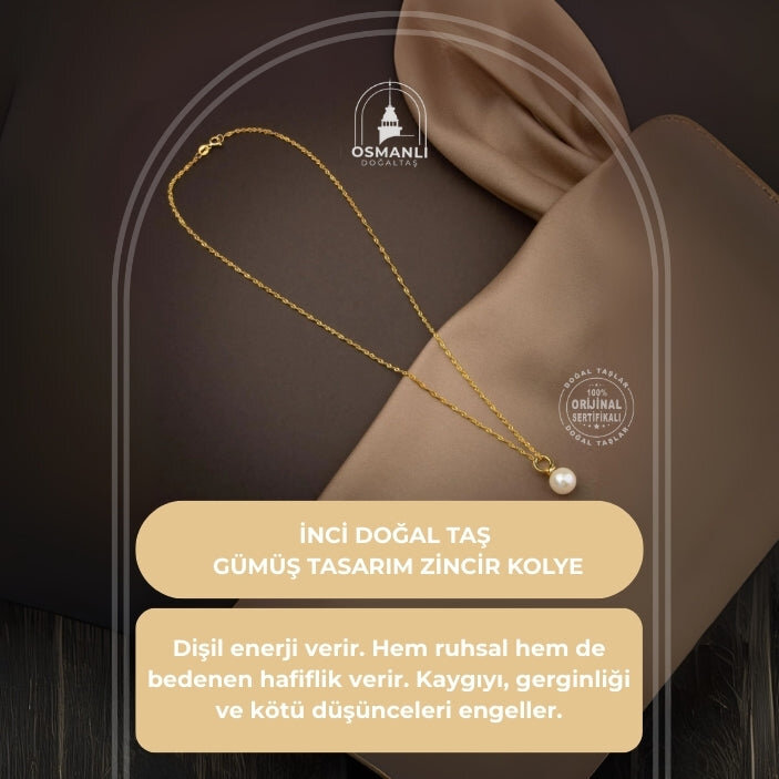 İnci Doğal Taş Gümüş Tasarım Zincir Kolye - 50cm - 2