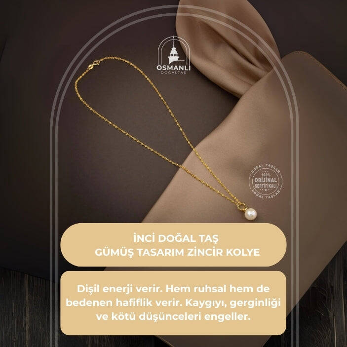 İnci Doğal Taş Gümüş Tasarım Zincir Kolye - 50cm - 2