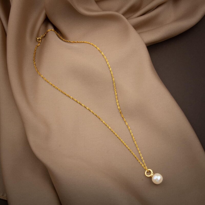 İnci Doğal Taş Gümüş Tasarım Zincir Kolye - 50cm - 4