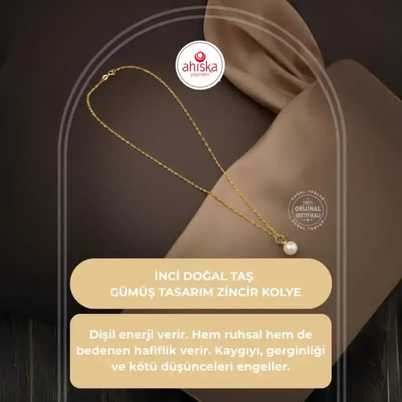 İnci Doğal Taş Gümüş Tasarım Zincir Kolye - 50cm - 2