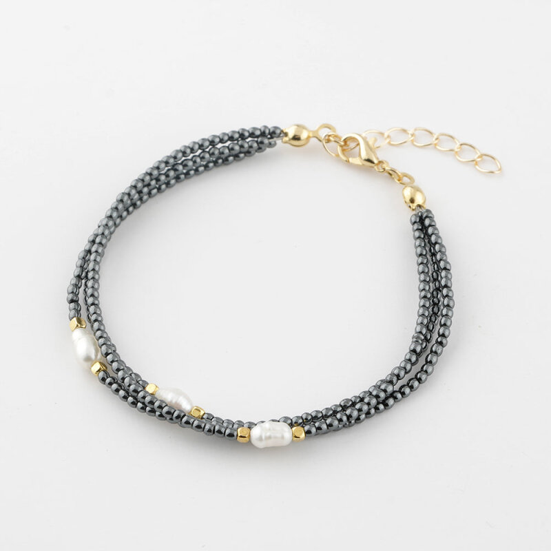 İnci-Hematit Doğal Taş Altın Kaplama Kapama Bileklik - Doğal Taş