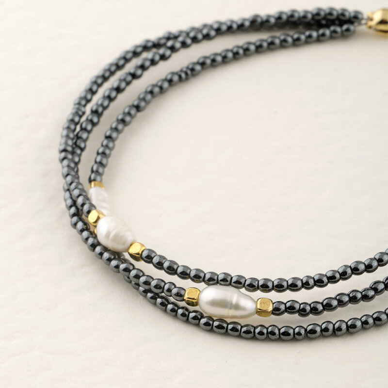 İnci-Hematit Doğal Taş Altın Kaplama Kapama Bileklik - 3