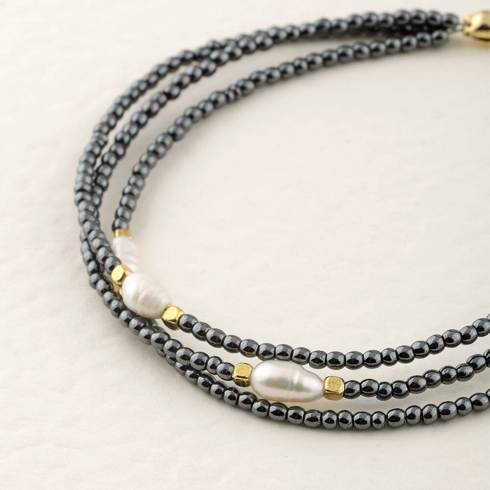 İnci-Hematit Doğal Taş Altın Kaplama Kapama Bileklik - 3