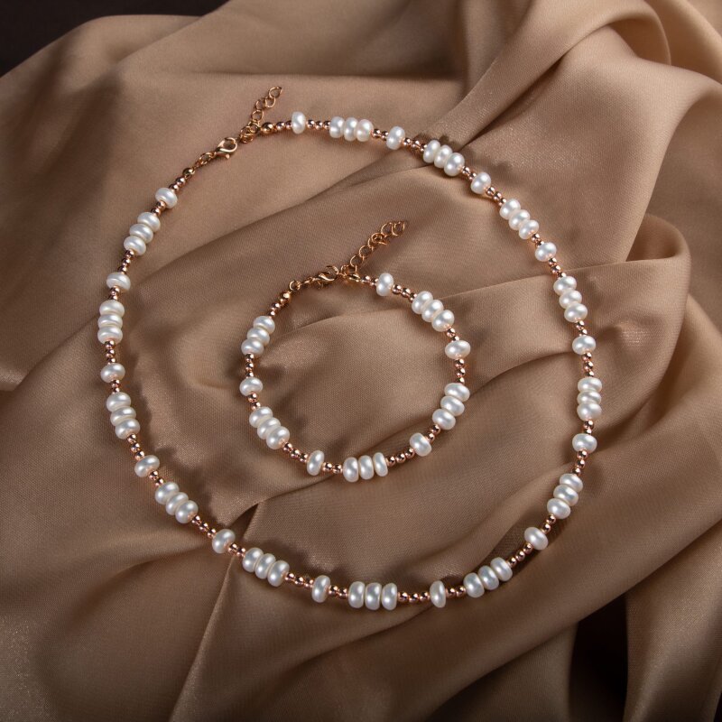 İnci-Hematit Doğal Taş Gümüş Takı Seti - Doğal Taş