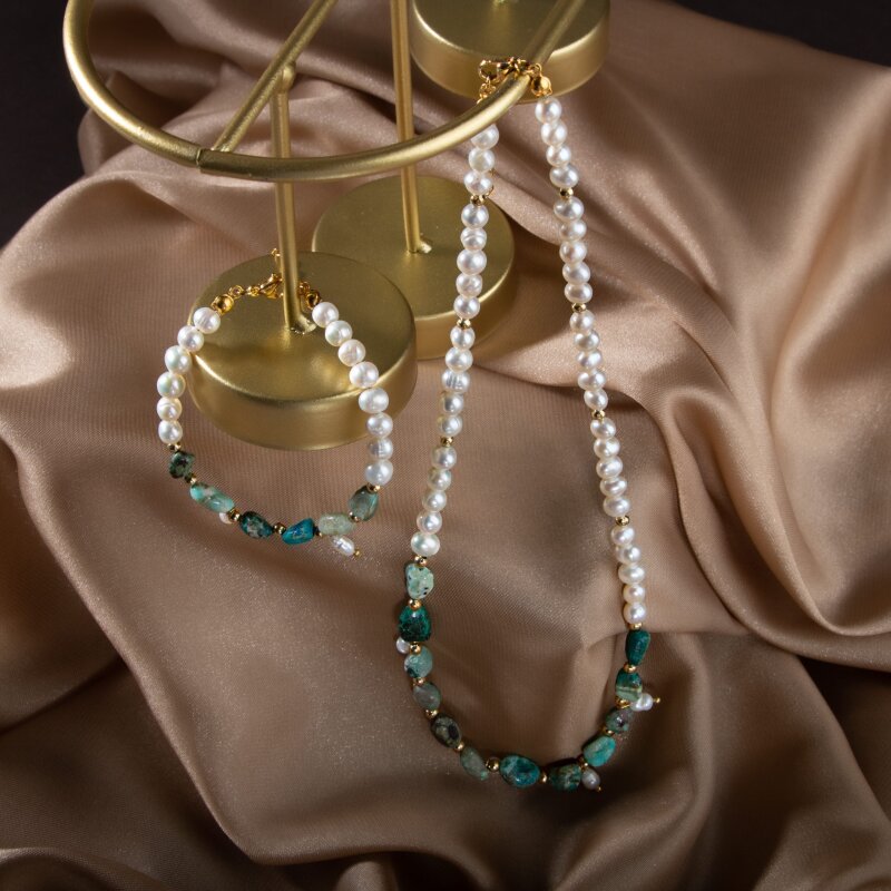 İnci-Krizokol Doğal Taş Takı Seti - 5