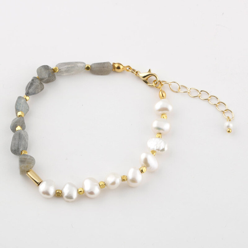İnci-Labradorit Altın Kaplama Kapama Doğal Taş Bileklik - Doğal Taş