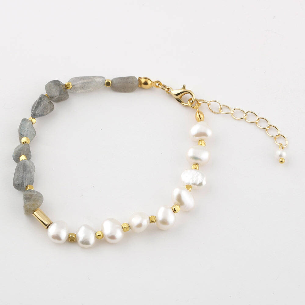 İnci-Labradorit Altın Kaplama Kapama Doğal Taş Bileklik - 1