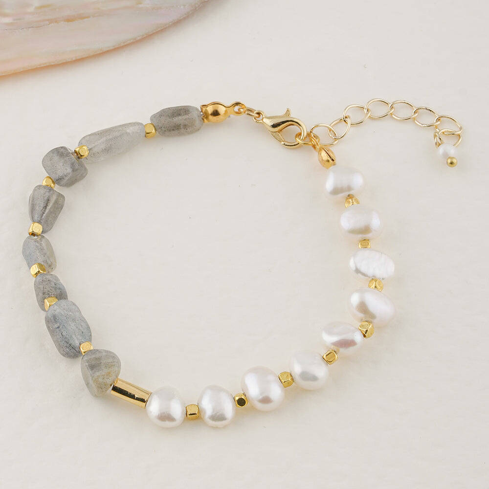 İnci-Labradorit Altın Kaplama Kapama Doğal Taş Bileklik - 3