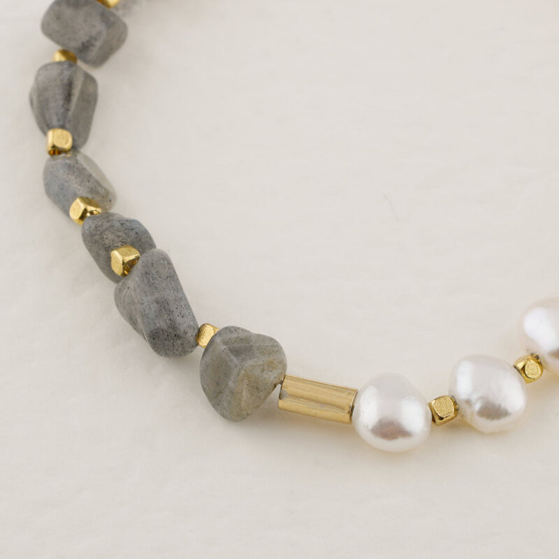 İnci-Labradorit Altın Kaplama Kapama Doğal Taş Bileklik - 5