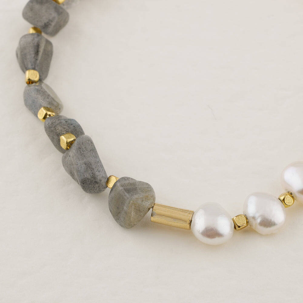 İnci-Labradorit Altın Kaplama Kapama Doğal Taş Bileklik - 5