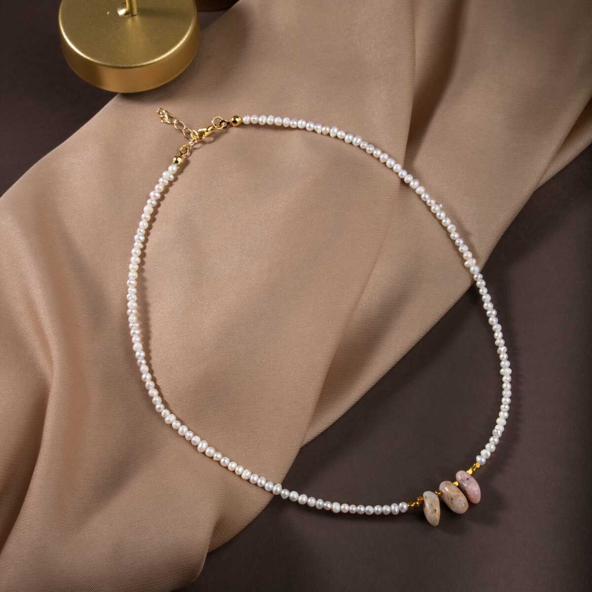 İnci-Pembe Opal Doğal Taş Gümüş Kolye