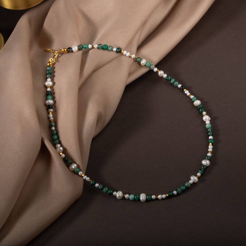 İnci-Zümrüt Doğal Taş Altın Kaplama Kapama Kolye - Doğal Taş