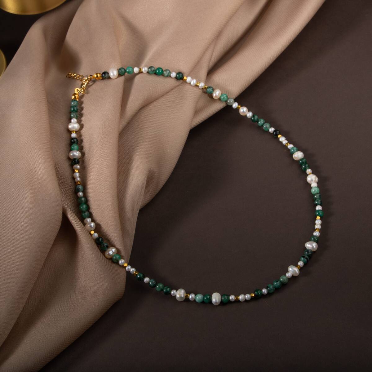 İnci-Zümrüt Doğal Taş Altın Kaplama Kapama Kolye - 1