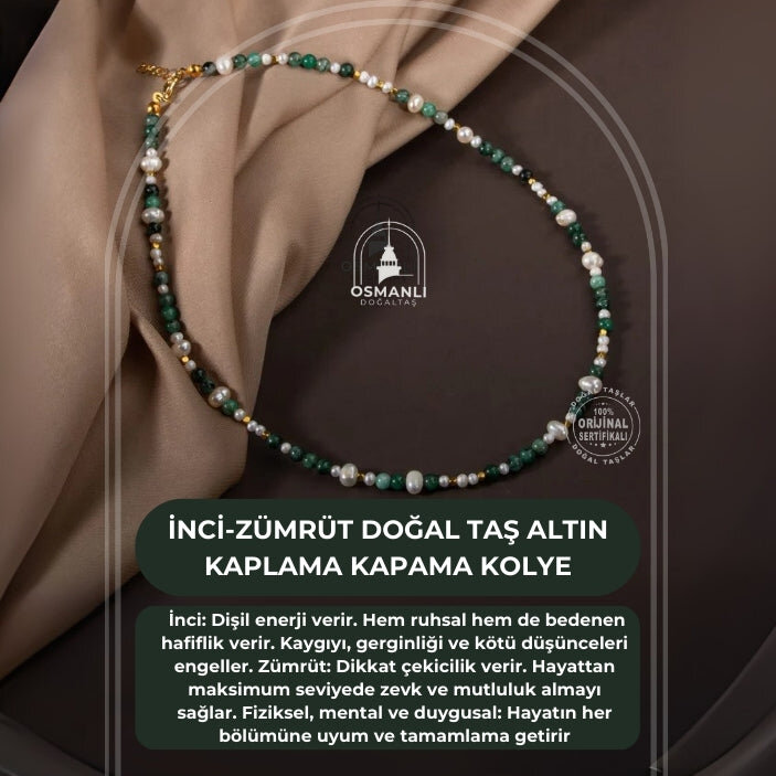 İnci-Zümrüt Doğal Taş Altın Kaplama Kapama Kolye - 2