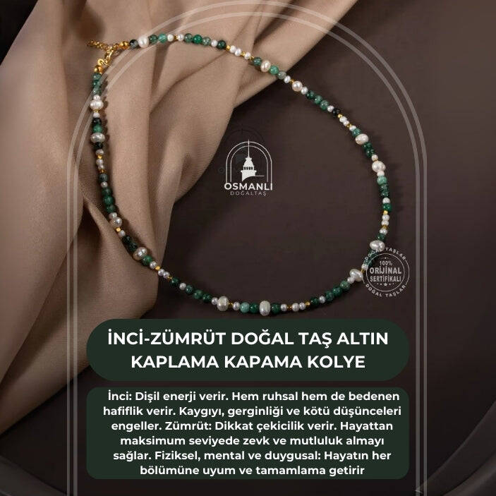 İnci-Zümrüt Doğal Taş Altın Kaplama Kapama Kolye - 2