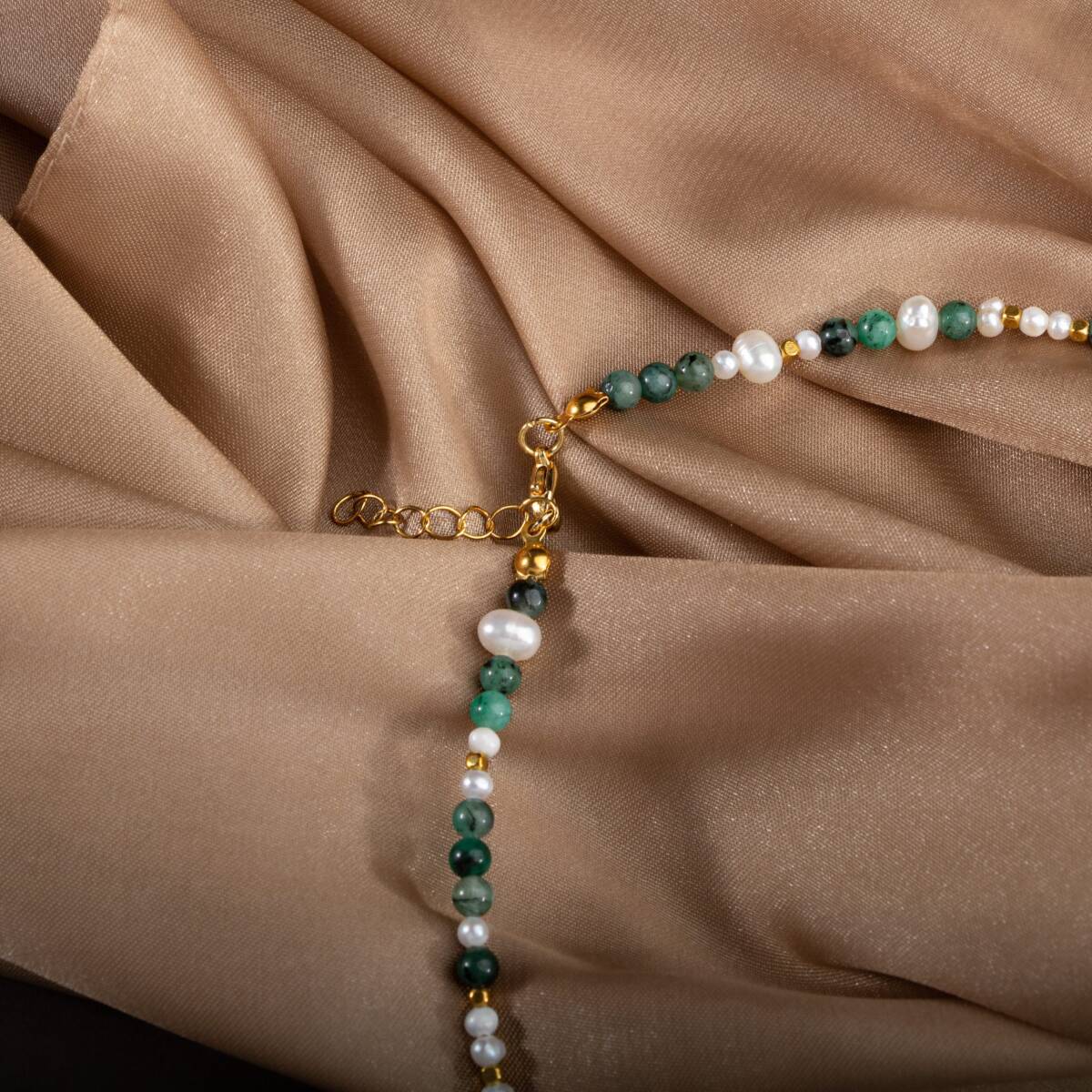 İnci-Zümrüt Doğal Taş Altın Kaplama Kapama Kolye - 3