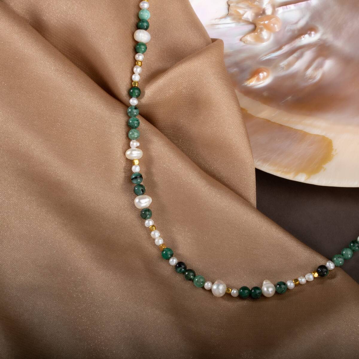 İnci-Zümrüt Doğal Taş Altın Kaplama Kapama Kolye - 4