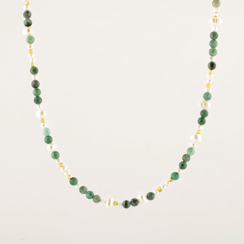 İnci-Zümrüt Doğal Taş Altın Kaplama Kapama Kolye - 5