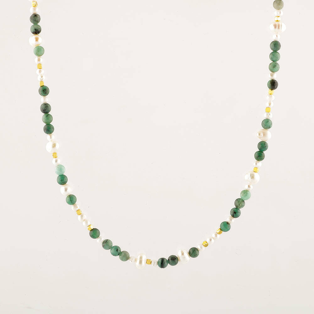 İnci-Zümrüt Doğal Taş Altın Kaplama Kapama Kolye - 5