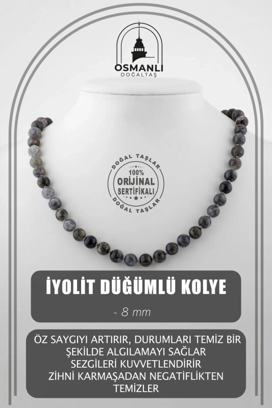 İyolit 8 mm Düğümlü Doğal Taş Kolye - Doğal Taş