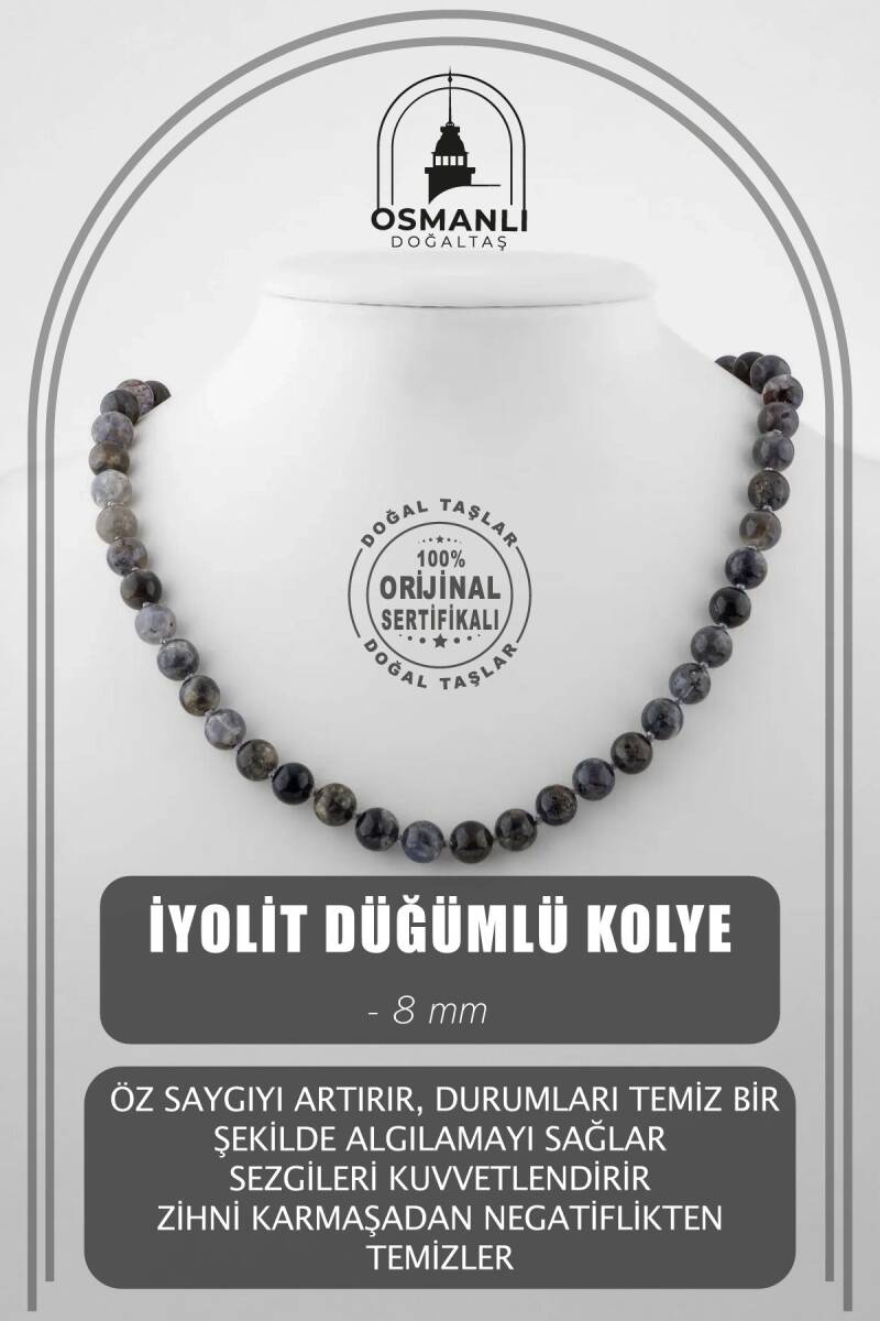 İyolit 8 mm Düğümlü Doğal Taş Kolye - 1