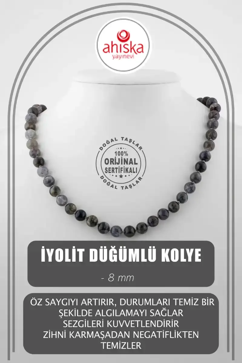 İyolit 8 mm Düğümlü Doğal Taş Kolye