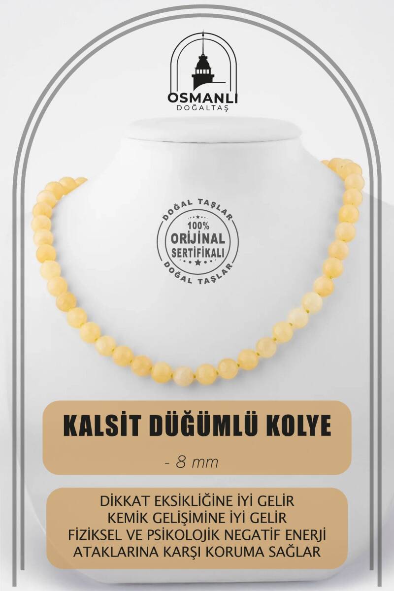 Kalsit 8 mm Düğümlü Doğal Taş Kolye - 1