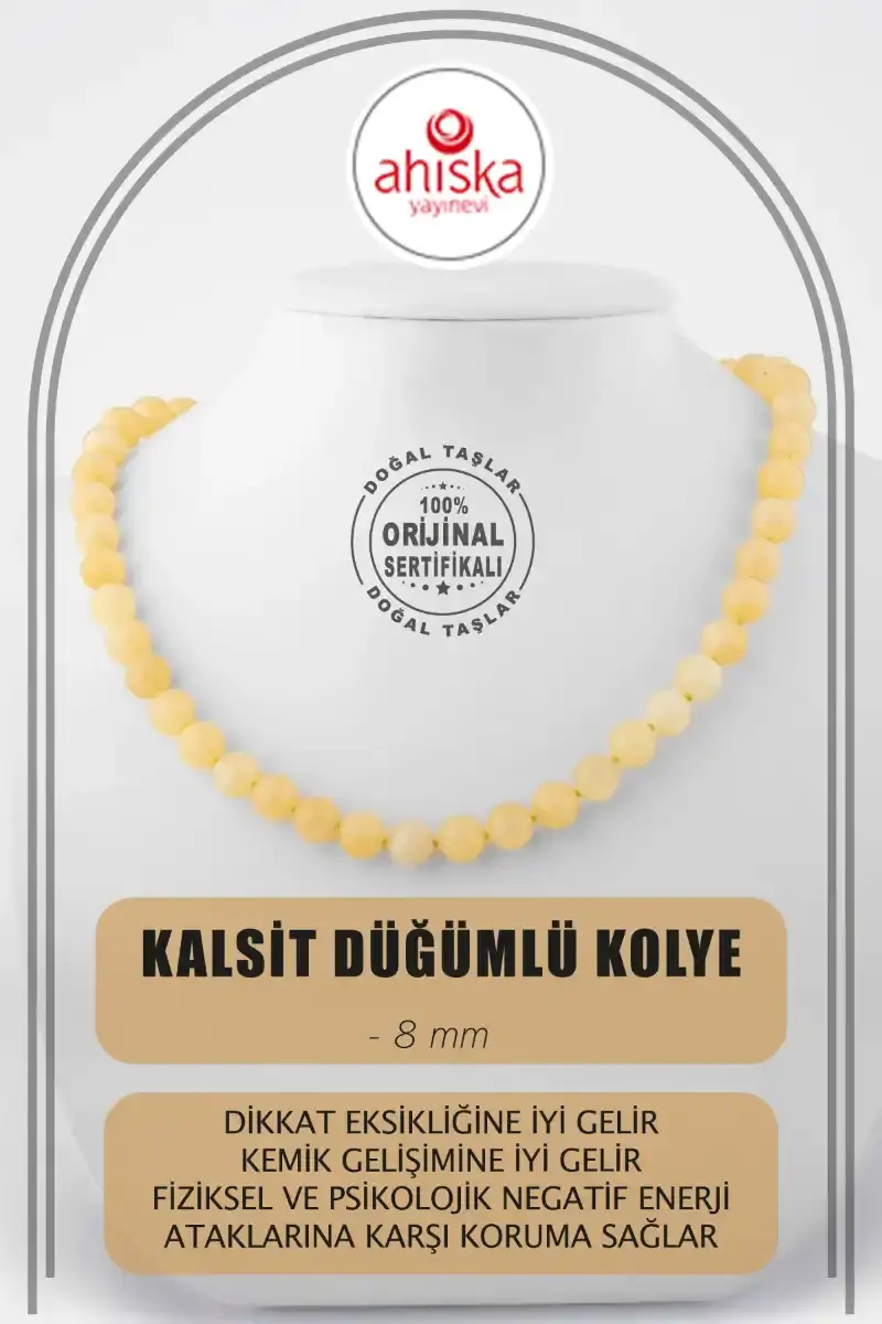 Kalsit 8 mm Düğümlü Doğal Taş Kolye