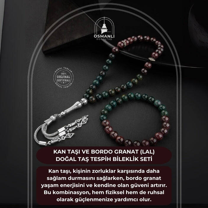 Kan Taşı-Bordo Granat Lal Doğal Taş Tesbih Bileklik Seti - 2