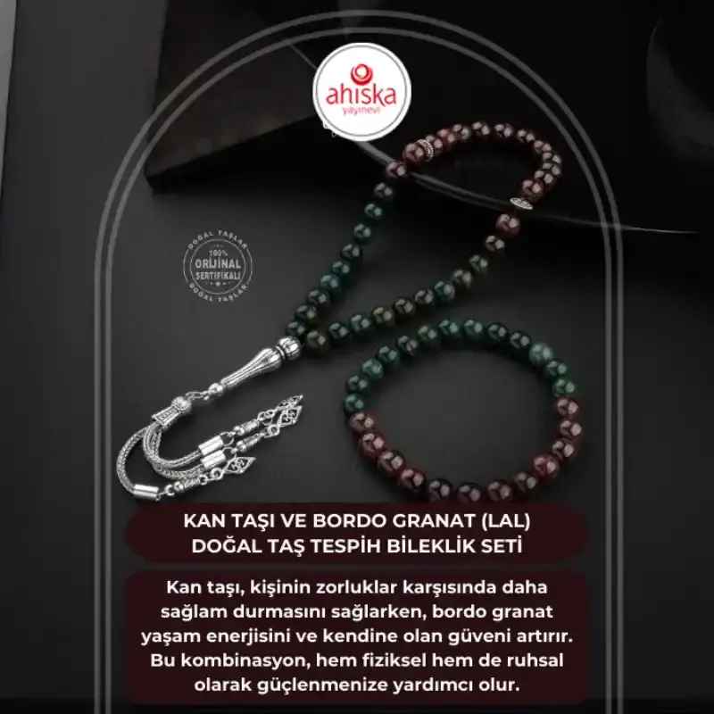 Kan Taşı-Bordo Granat Lal Doğal Taş Tesbih Bileklik Seti - 2