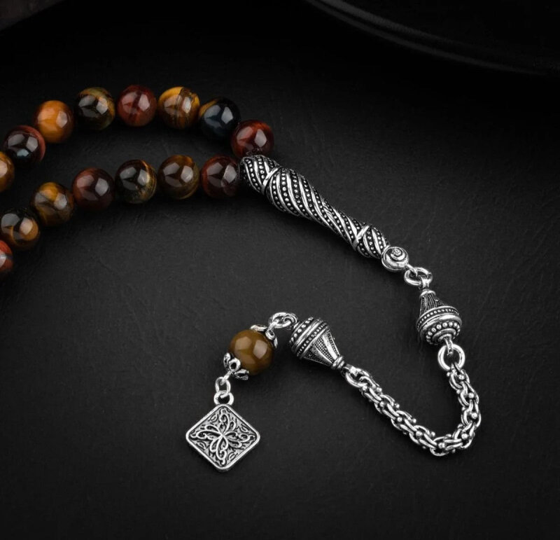 Kaplan Gözü Doğal Taş 8mm Gümüş İmameli Tesbih - 2