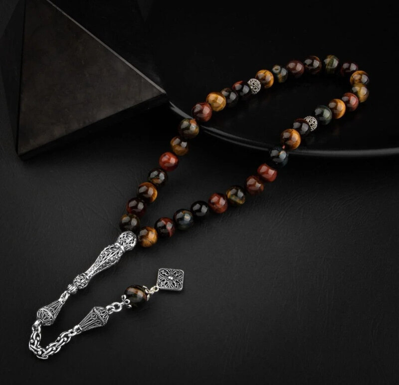 Kaplan Gözü Doğal Taş 8mm Gümüş İmameli Tesbih - 3