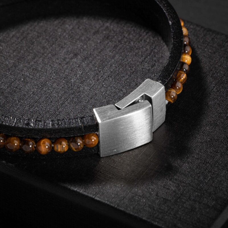 Kaplan Gözü Doğal Taş Deri Erkek Tasarım Bileklik - Doğal Taş