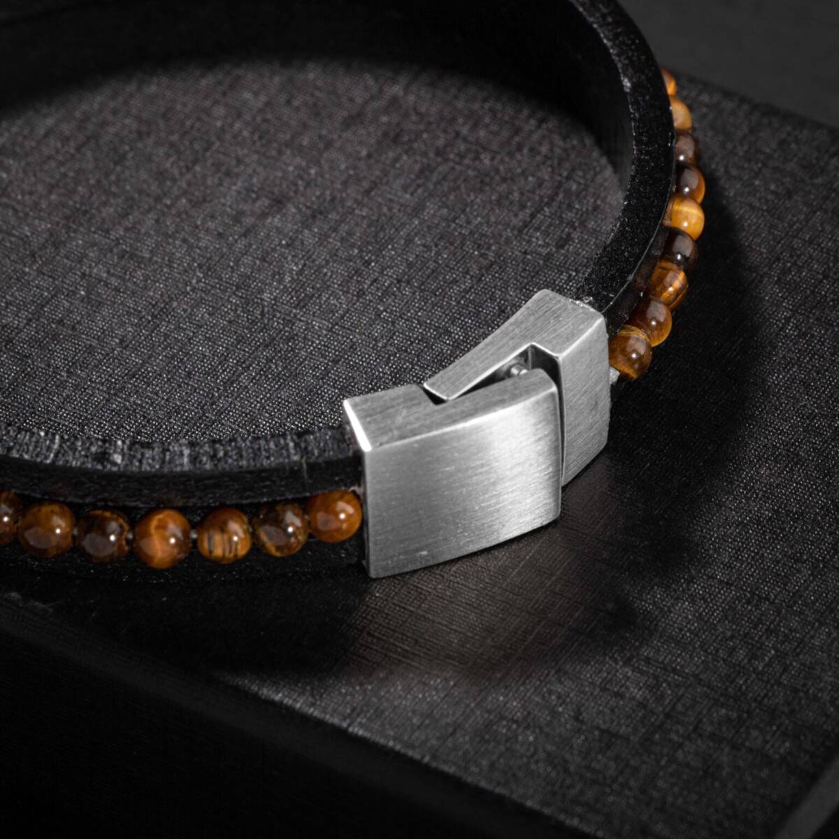 Kaplan Gözü Doğal Taş Deri Erkek Tasarım Bileklik - 1