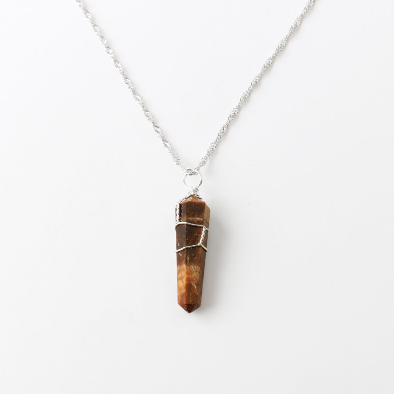 Kaplan Gözü Doğal Taş Kolye Ucu 3x1 cm, Gümüş Zincir - Doğal Taş