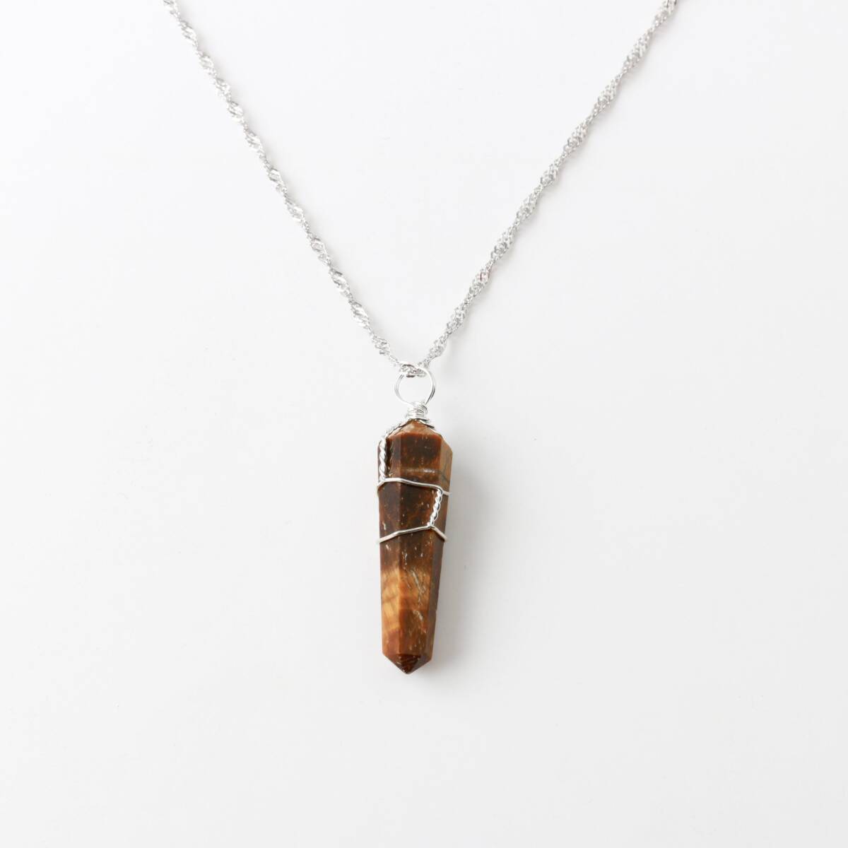 Kaplan Gözü Doğal Taş Kolye Ucu 3x1 cm, Gümüş Zincir - 1