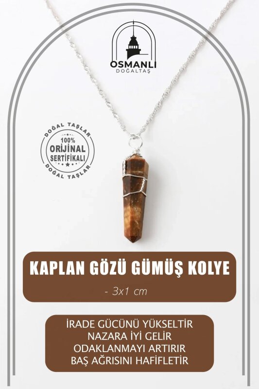 Kaplan Gözü Doğal Taş Kolye Ucu 3x1 cm, Gümüş Zincir - 2