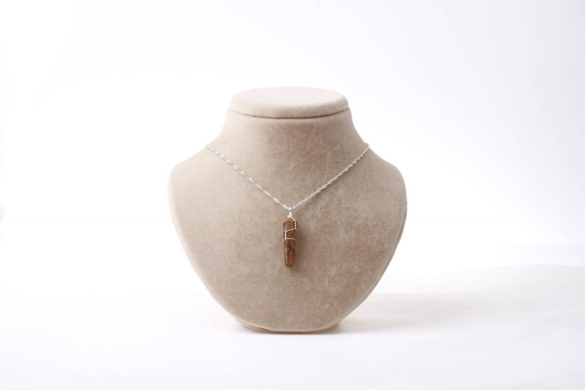 Kaplan Gözü Doğal Taş Kolye Ucu 3x1 cm, Gümüş Zincir - 3