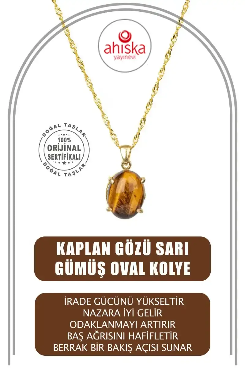 Kaplan Gözü Doğal Taş Sarı Gümüş Oval Kolye