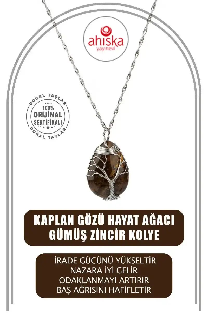 Kaplan Gözü Hayat Ağacı Doğal Taş Gümüş Zincir Kolye