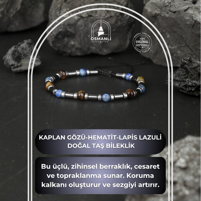 Kaplan Gözü-Hematit-Lapis Lazuli Doğal Taş Bileklik - 2